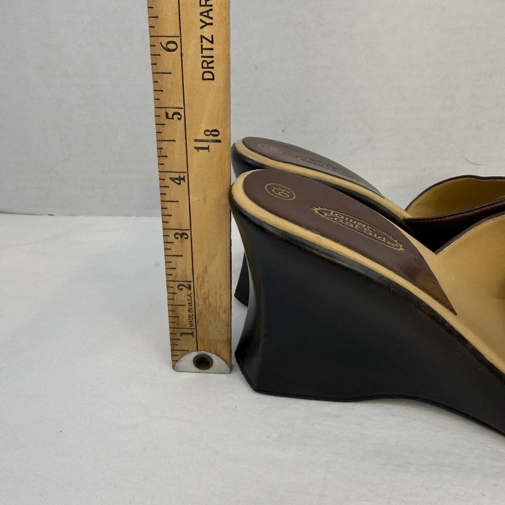 Y2K Lower East Side Brown Wedge Sandals Platform Slide Heels Vintage Womens 6.5